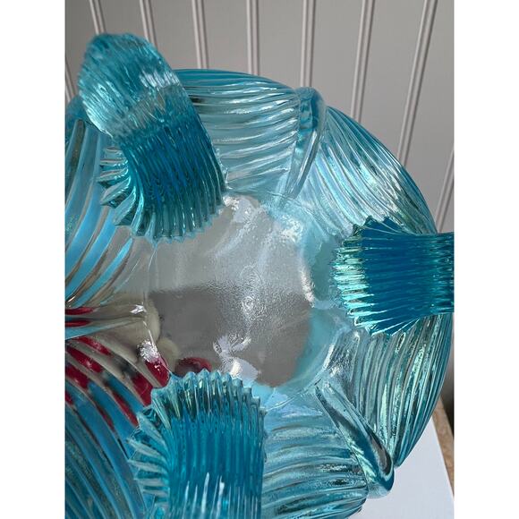 Fenton Blue Opalescent Glass Three Footed Rose Bowl Vase Drape Design - Picture 5 of 12